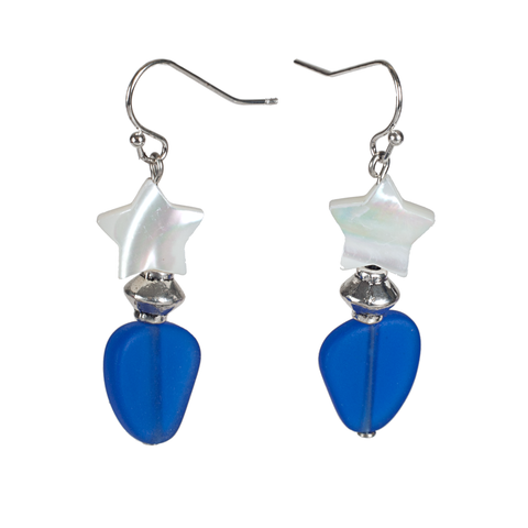 Cobalt Frosted Glass With Mother Of Pearl Stars Earring