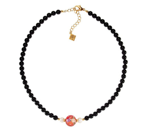 Japanese Red Crane, Cultured Pearl & Onyx Choker