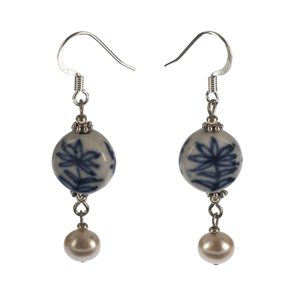 Floral Porcelain And Cultured Pearl Drop Earring