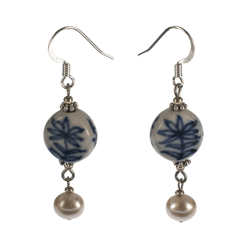 Floral Porcelain And Cultured Pearl Drop Earring