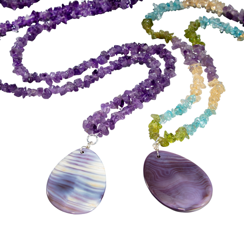 Tumbled Gemstone Necklace With Pear-Shaped Wampum Shell Pendant Necklace