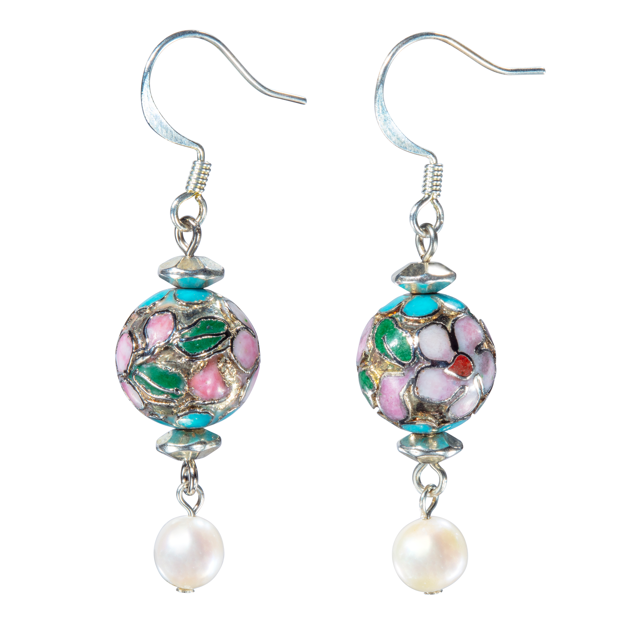 Silver Flower Cloisonne, Turquoise And Cultured Pearl Earring