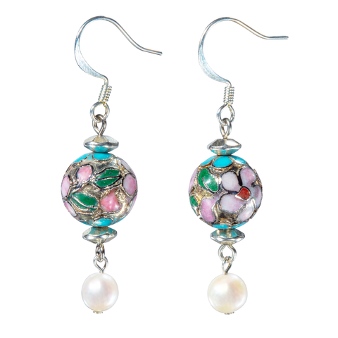 Silver Flower Cloisonne, Turquoise And Cultured Pearl Earring