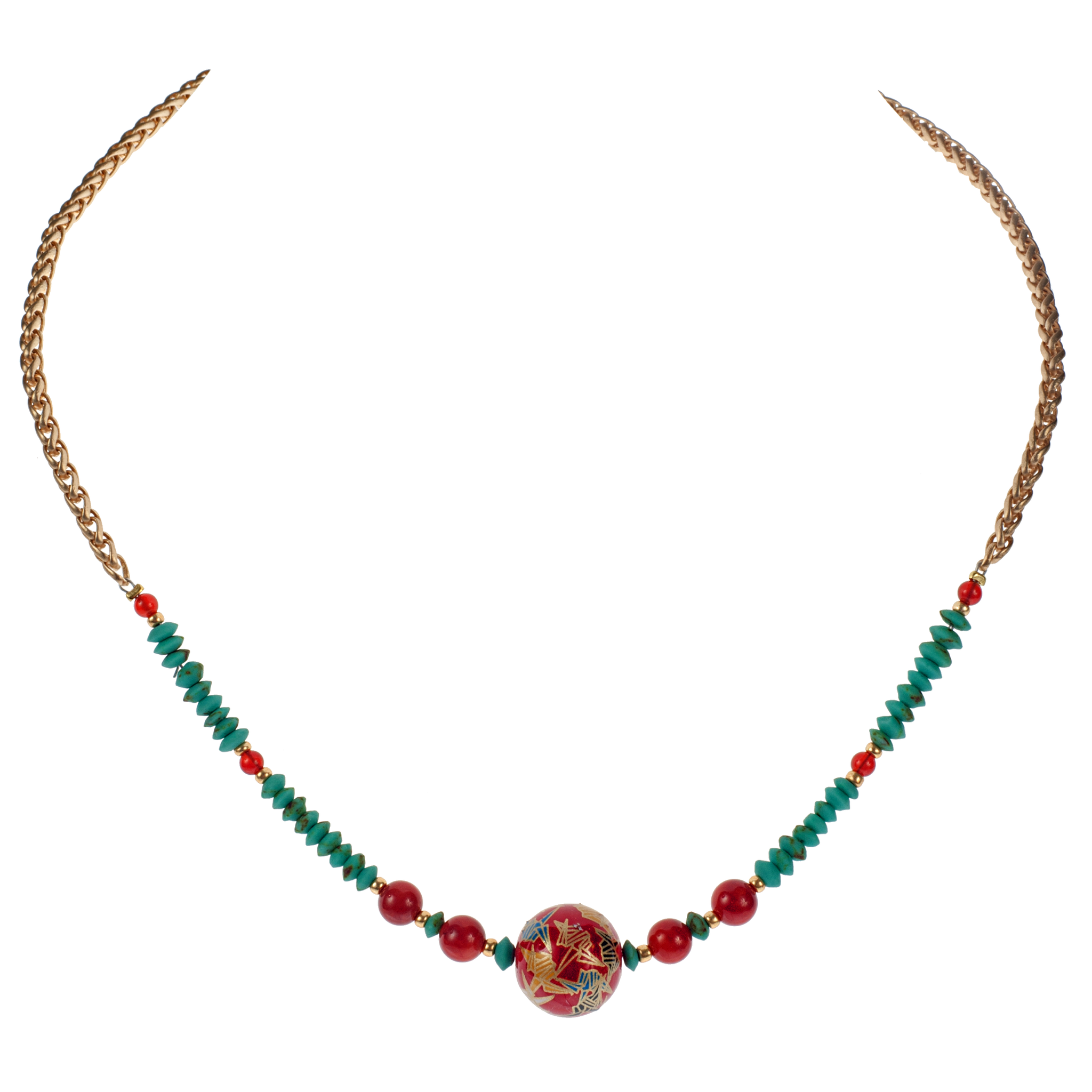 Japanese Red Tensha Crane, Coral & Matte Turquoise Chain Choker