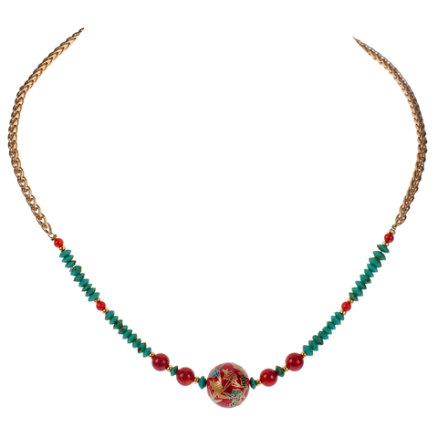 Japanese Red Tensha Crane, Coral & Matte Turquoise Chain Choker