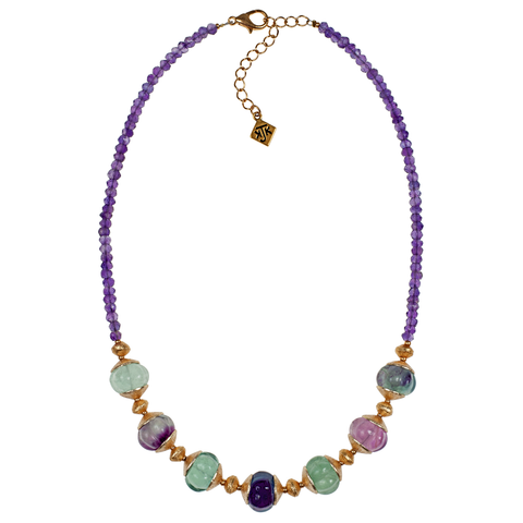 Carved Fluorite With Brushed Gold & Amethyst Choker