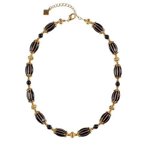 Gold Ribbed Black Glass With Onyx Choker