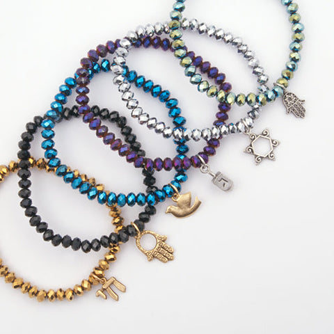 Judaica Charm And Metallic Crystal On Elastic Bracelet