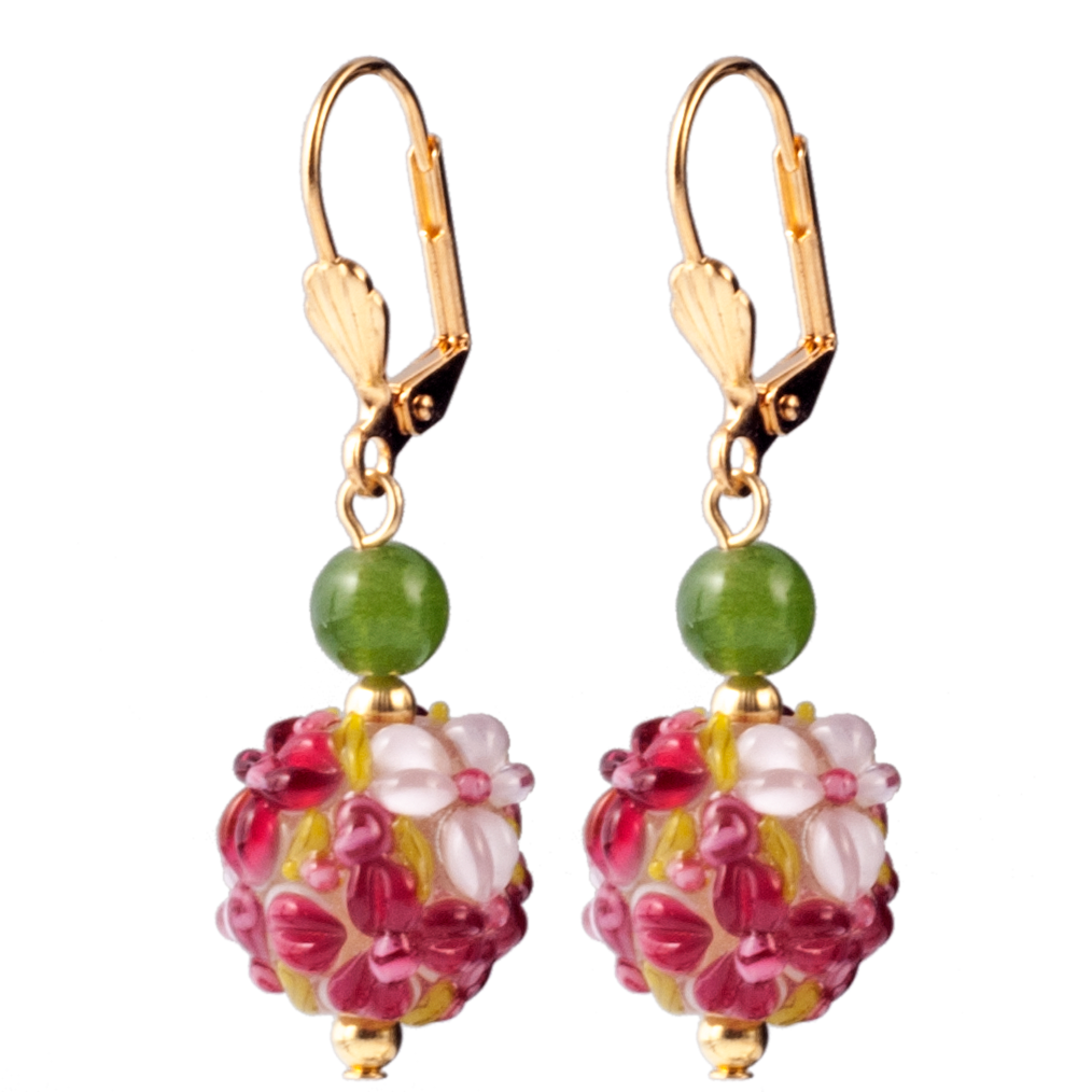 Pink Floral Lampwork Glass & Jade Earring