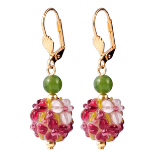 Pink Floral Lampwork Glass & Jade Earring