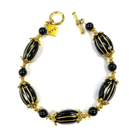 Gold Ribbed Pressed Black Glass & Onyx Bracelet