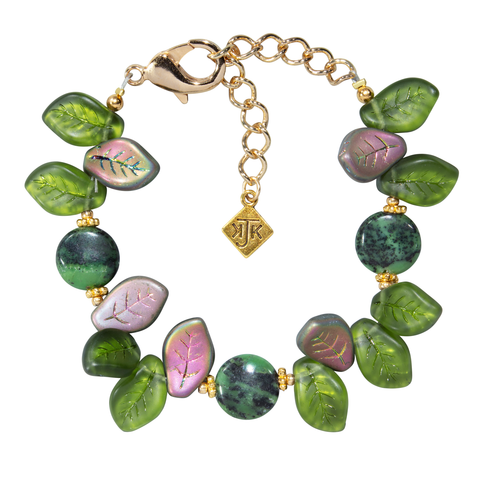 Bohemian Glass Wavy Leaf W/Chrysoprase Bracelet