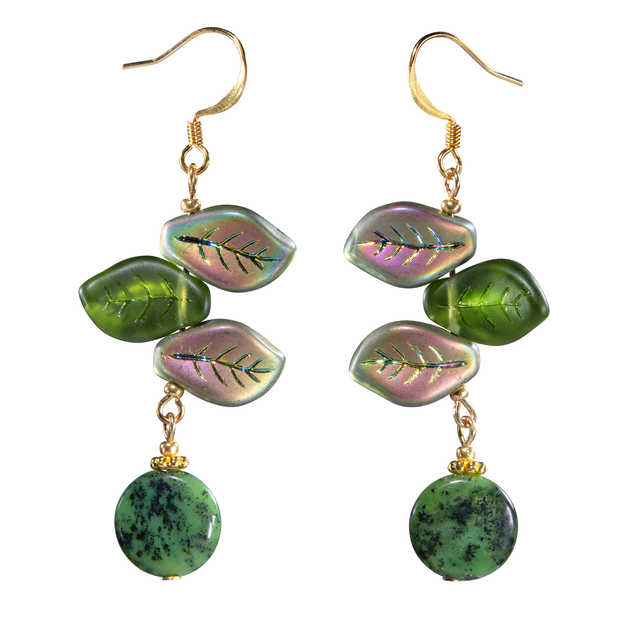 Bohemian Glass Wavy Leaf  Earriing W/Chrysoprase Earring