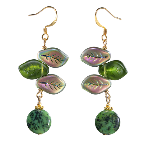 Bohemian Glass Wavy Leaf  Earriing W/Chrysoprase Earring