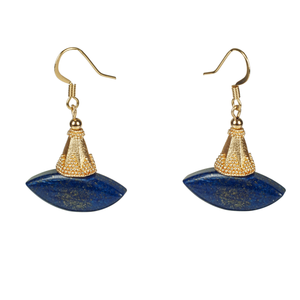 Lapis Ellipse Shapes=D Earring With Decorative Gold Caps