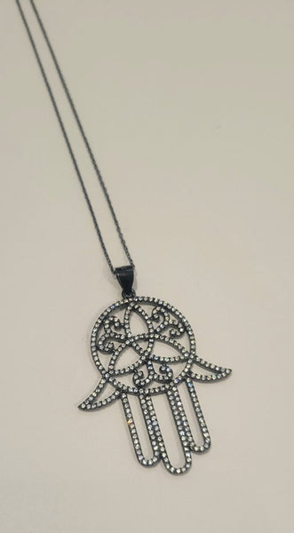 Sterling Silver large Hamsa paved in Cubic Zirconia Necklace