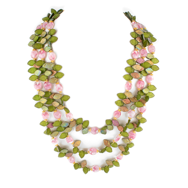 Three Strand Layered Bohemian Glass Leaf Necklace