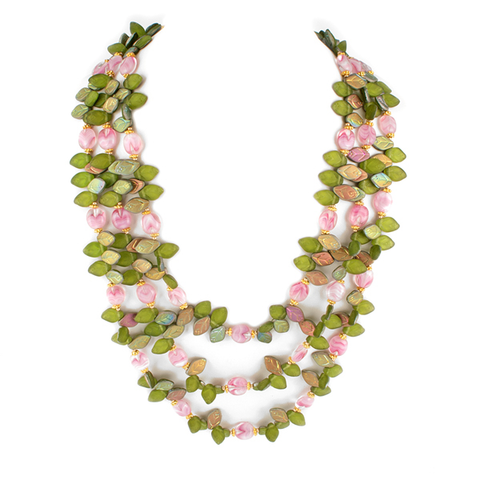 Three Strand Layered Bohemian Glass Leaf Necklace