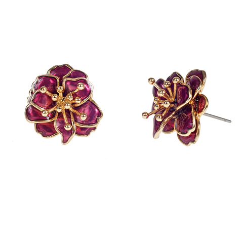 Burgundy Enamel Cherry Blossom Post Earring