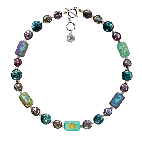17" Coin Pearl With Glass Sea Life Rectangles Choker