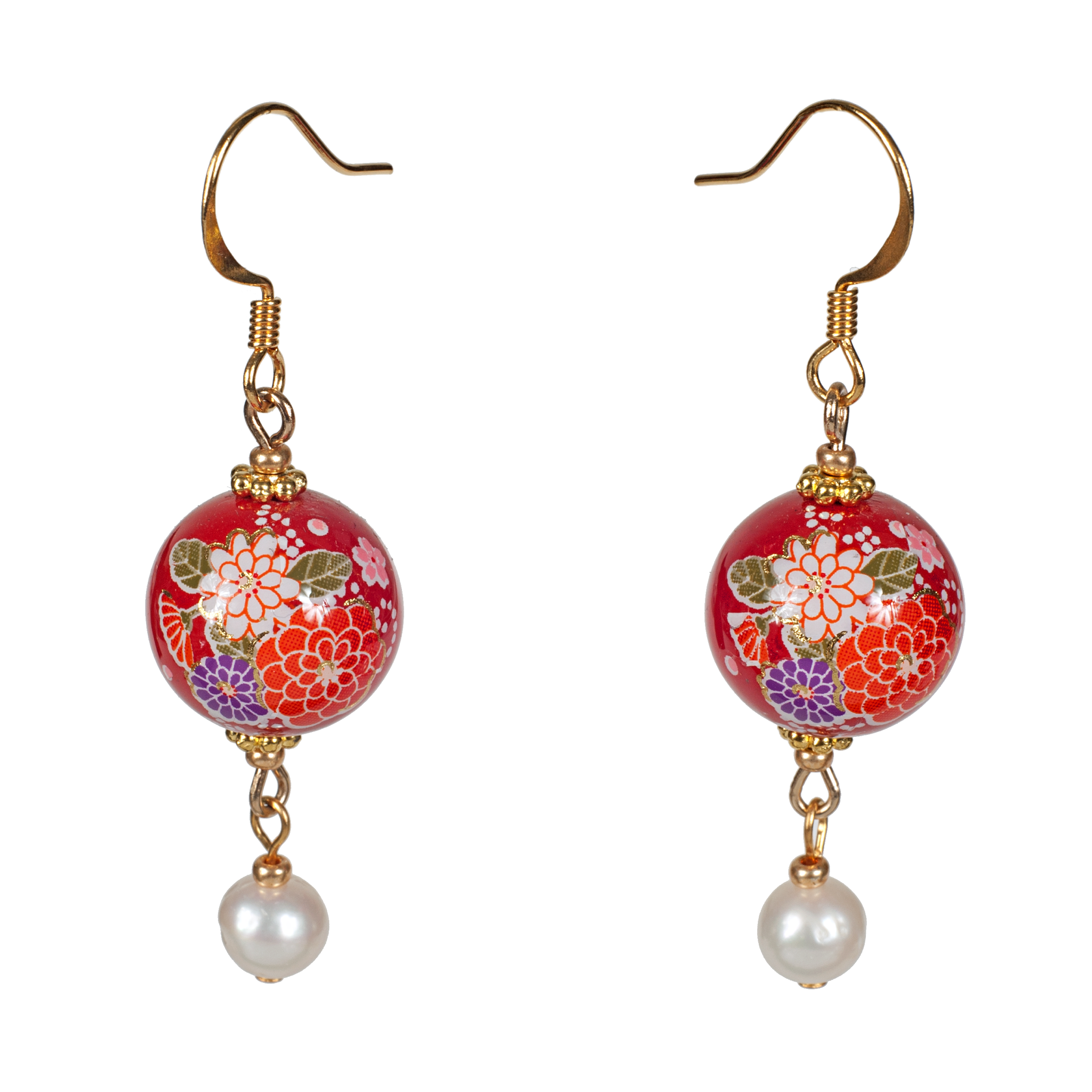 Red Tensha With Chrysanthemum Flower & Cultured Pearl Drop Earring