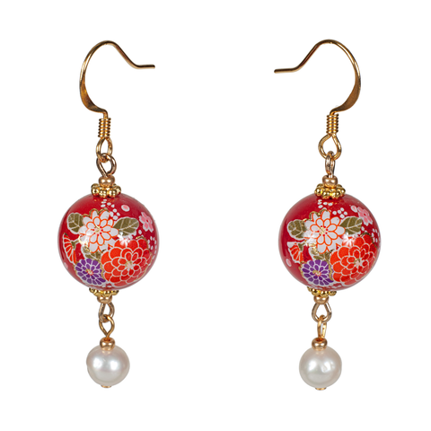 Red Tensha With Chrysanthemum Flower & Cultured Pearl Drop Earring