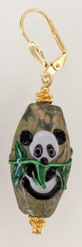 Lampwork Panda With Gold Accents Earring