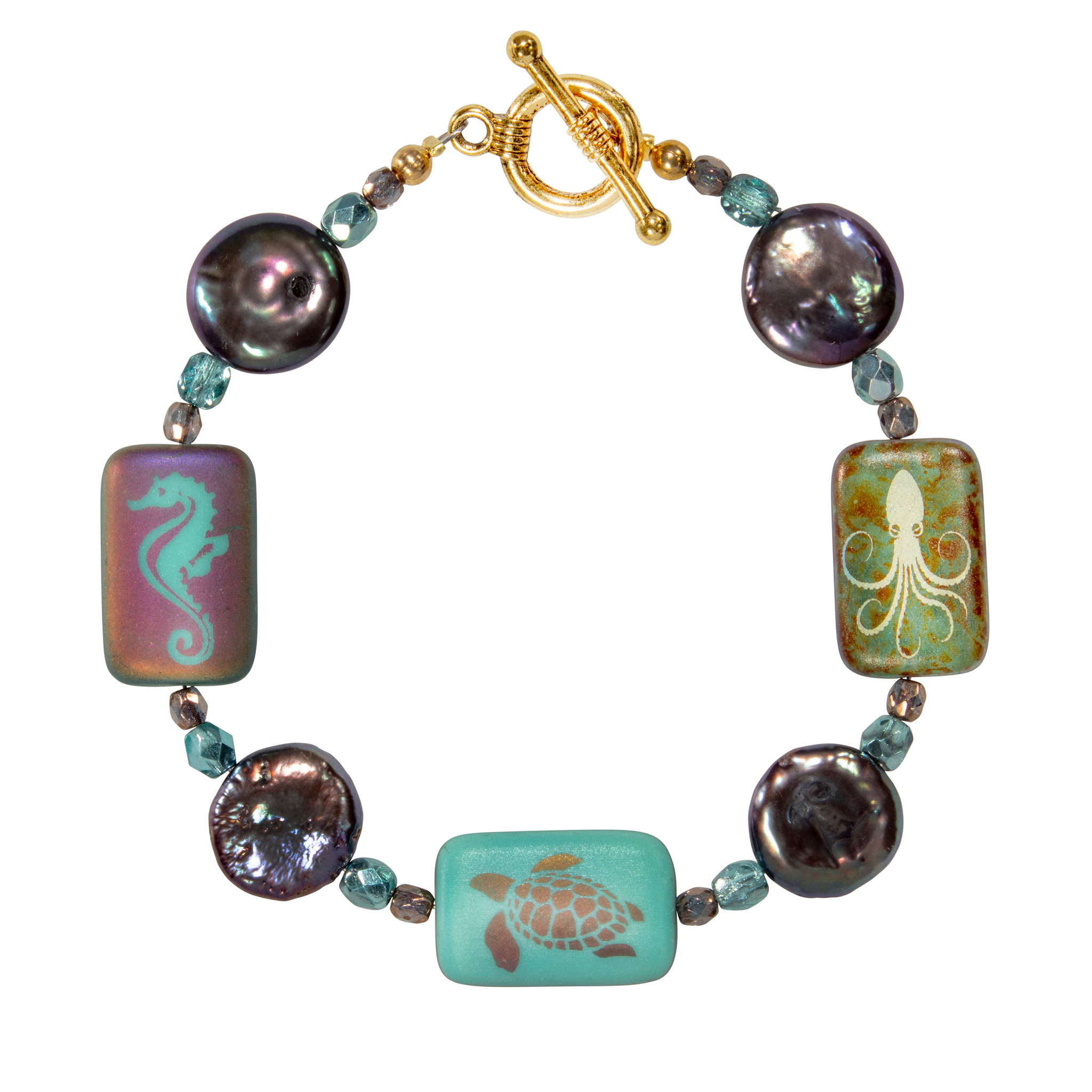 Coin Pearl With Glass Sea Life Rectangle Bracelet