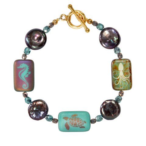 Coin Pearl With Glass Sea Life Rectangle Bracelet