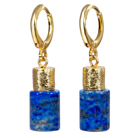 Lapis Tube With Gold Accents Earring