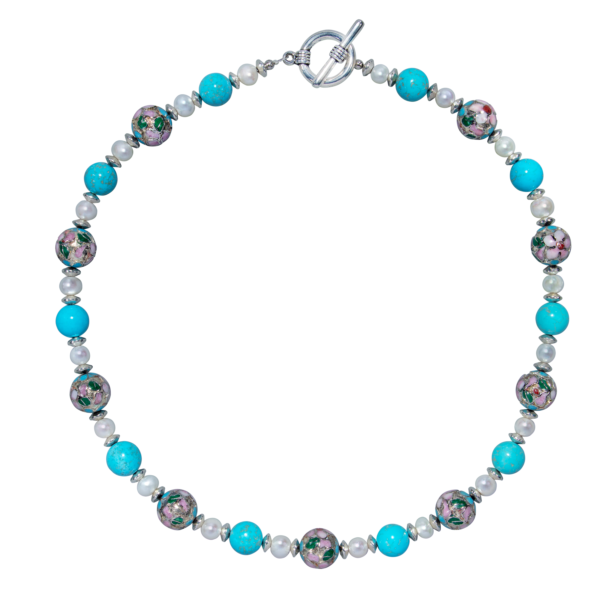 Silver Flower Cloisonne, Turquoise And Cultured Pearl Choker