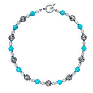 Silver Flower Cloisonne, Turquoise And Cultured Pearl Choker