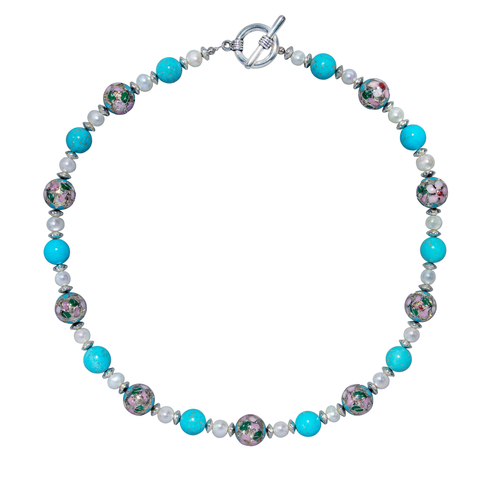Silver Flower Cloisonne, Turquoise And Cultured Pearl Choker