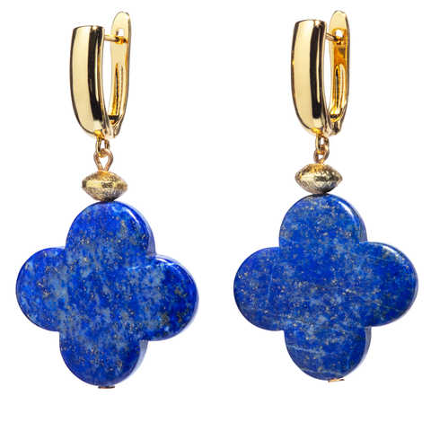 Lapis Quatrefoil On Long Gold Tone Chain Earring