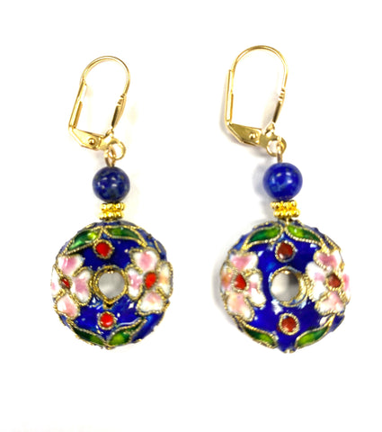 Floral Cloisonne Disk With Lapis Earring