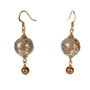 Japanese Tensha Cream Floral &  Champagne Pearl Drop Earring