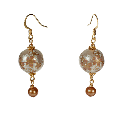 Japanese Tensha Cream Floral &  Champagne Pearl Drop Earring