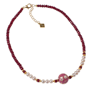 Cherry Blossom Tensha, Cultured Pearl & Ruby Jade Choker