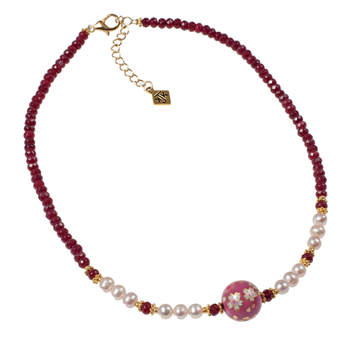 Cherry Blossom Tensha, Cultured Pearl & Ruby Jade Choker