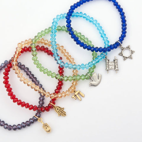 Judaica Charm And Rainbow Crystal On Elastic Bracelet