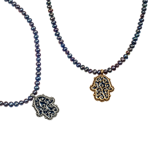 Hand-Painted Hamsa Pendant & Cultured Pearl Choker