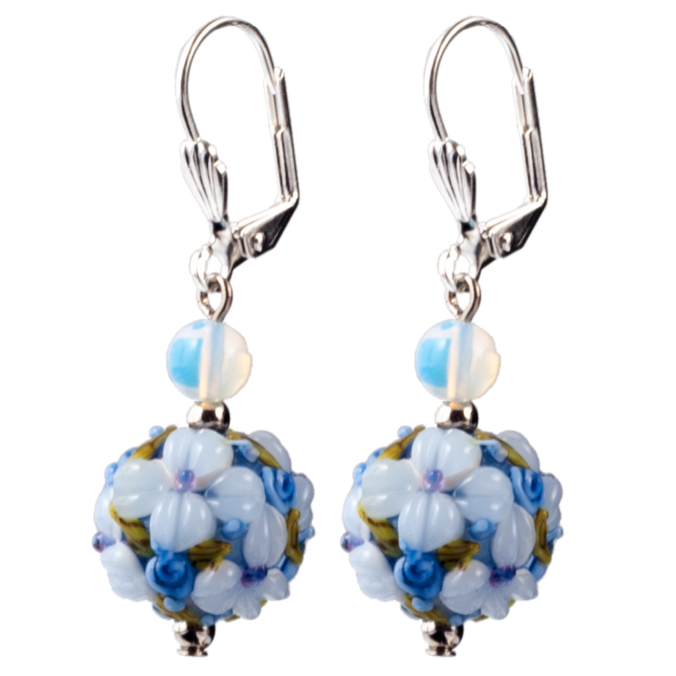 Blue Floral Lampwork Glass & Opalite Earring