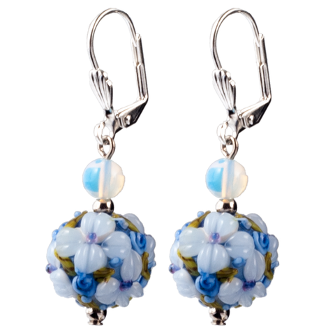 Blue Floral Lampwork Glass & Opalite Earring