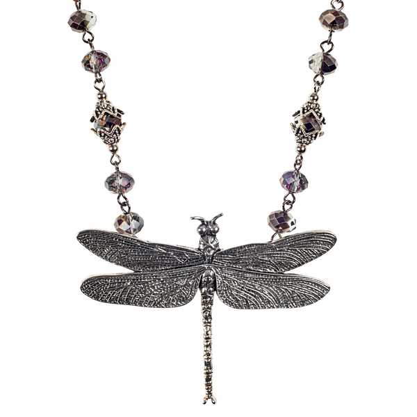 Silver Dragonfly On Crystals Choker