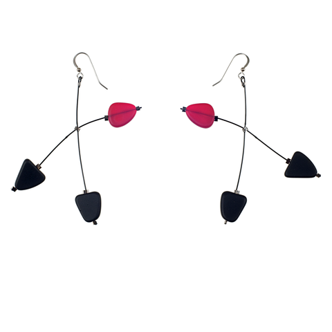 Red & Black Recycled Frosted Glass 3-Drop Mobile Earring