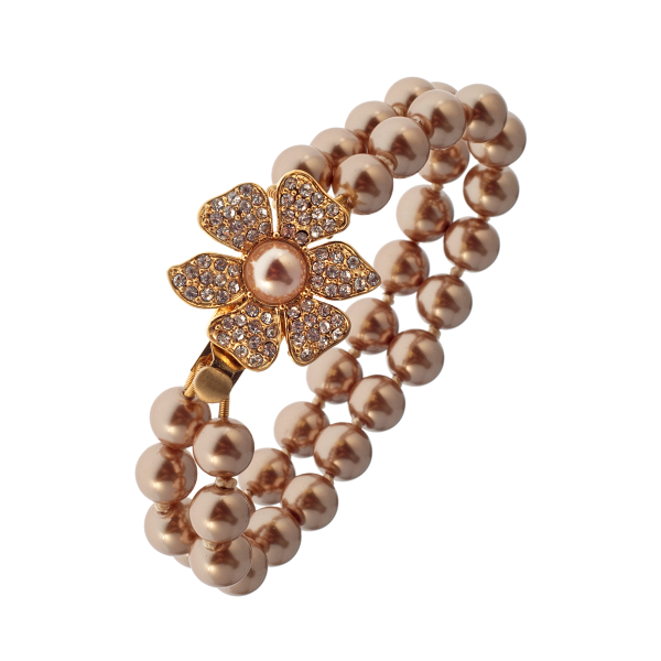 Double Strand Champagne Glass Pearl With Pavé Flower Clasp Bracelet