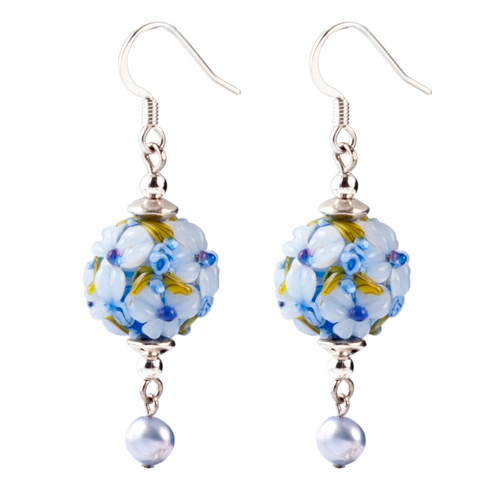 Blue Floral Lampwork Glass & Pearl Drop  Earring