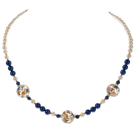 Japanese Tensha Crane, Lapis & Cultured Pearl Choker