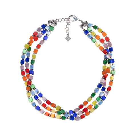 3 Strand Rainbow Optic Fiber Glass Cubes Choker