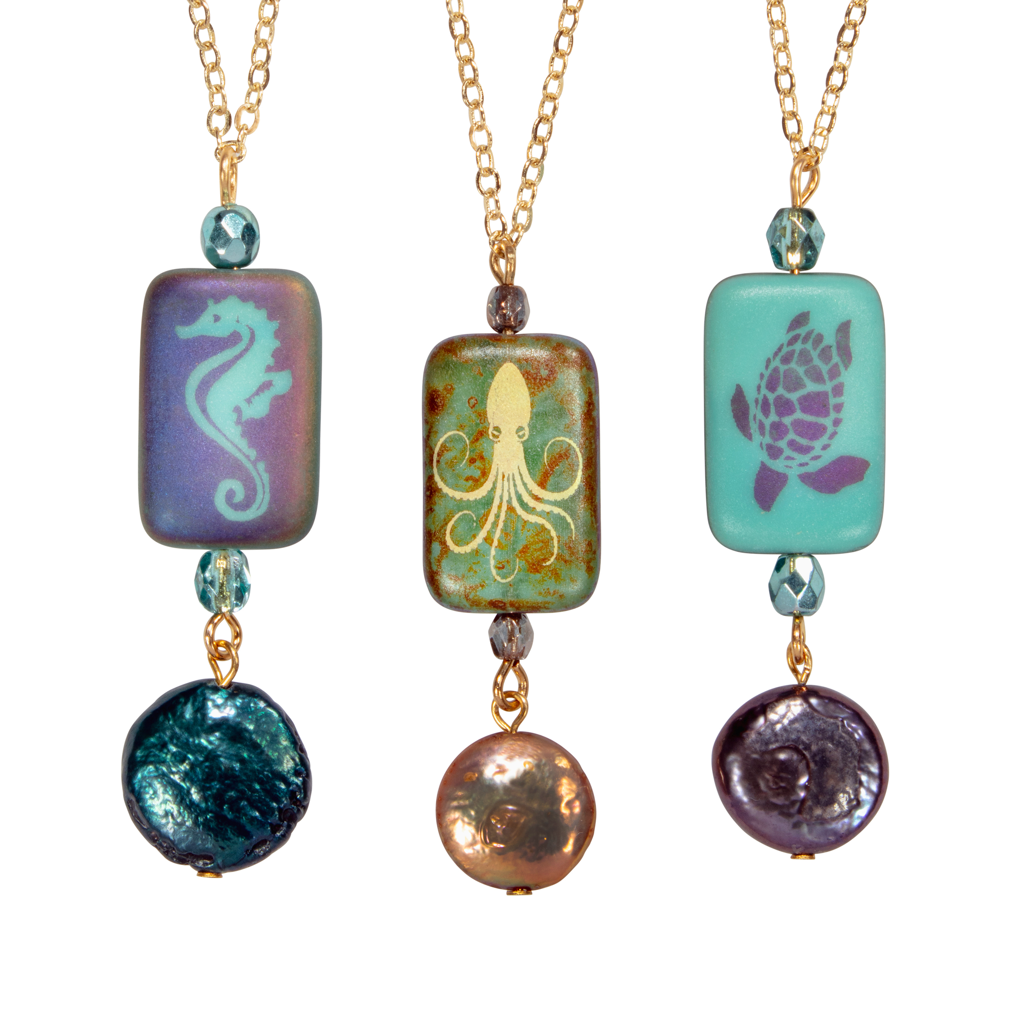 Coin Pearl With Glass Sea Life Rectangle On Gold Chain Choker